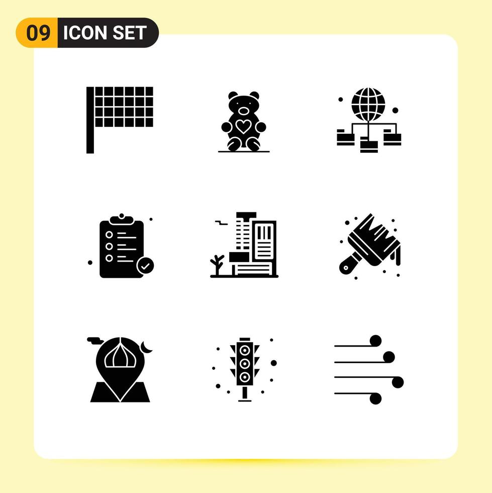 Stock Vector Icon Pack mit 9 Zeilen Zeichen und Symbolen für Immobilien Gebäudetechnik Büro Apotheke editierbare Vektordesign-Elemente