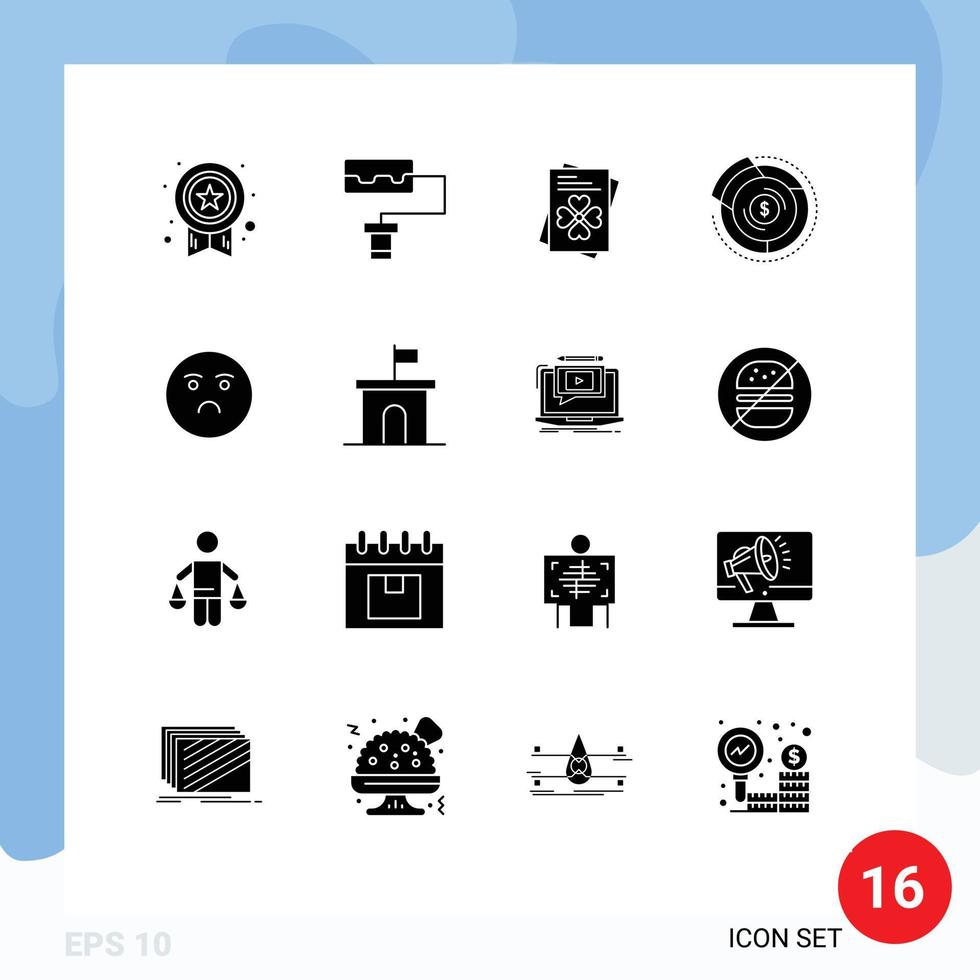 Benutzeroberflächenpaket mit 16 grundlegenden soliden Glyphen trauriger Emotionen Irland Emoji finanzielle editierbare Vektordesign-Elemente vektor