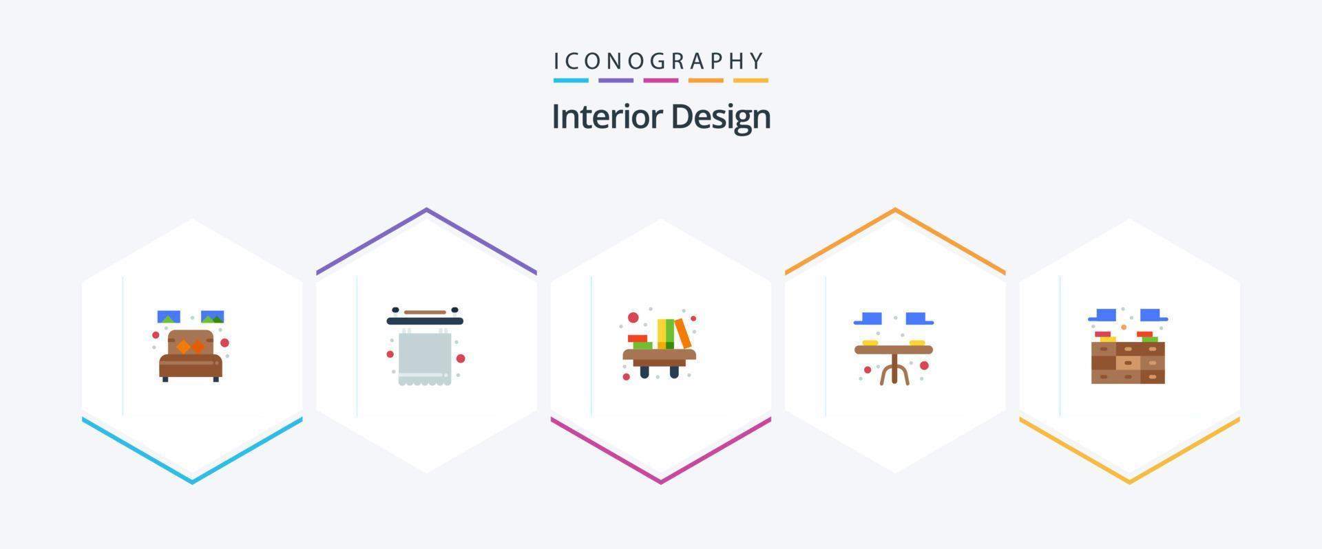 Innenarchitektur 25 flaches Icon Pack inklusive Tisch. Essen. Innere. Schreibtisch. Schule vektor