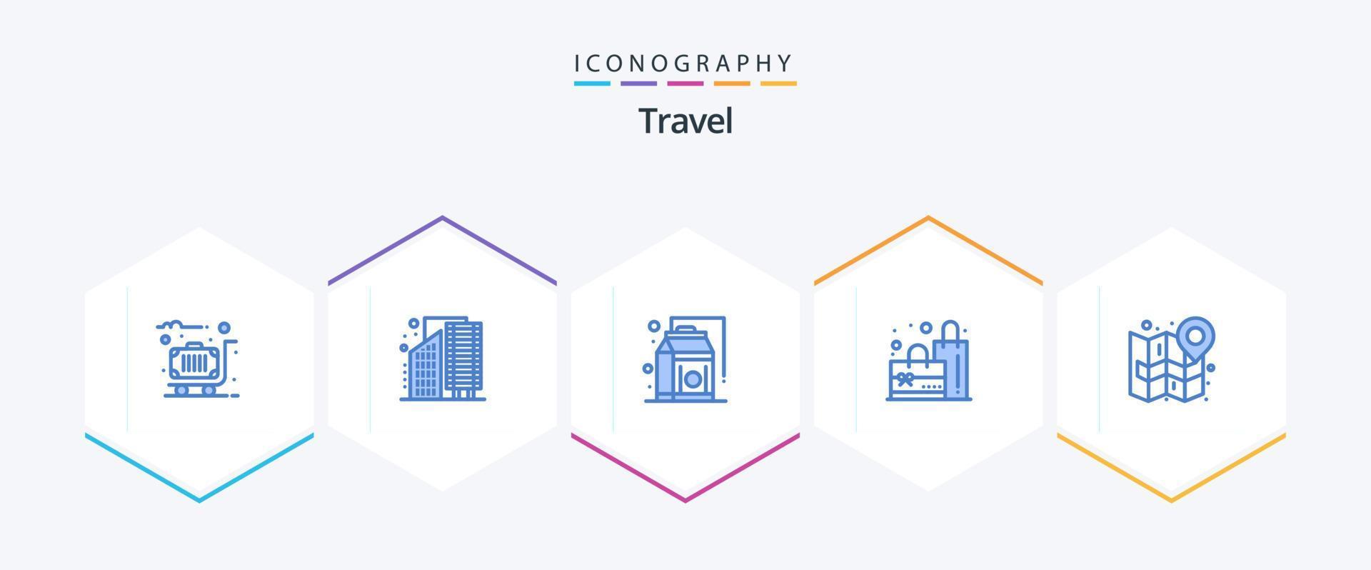 Reise 25 blaues Icon Pack inklusive Karte. Einkaufen. Infrastruktur. schmucklos. Lebensmittel vektor