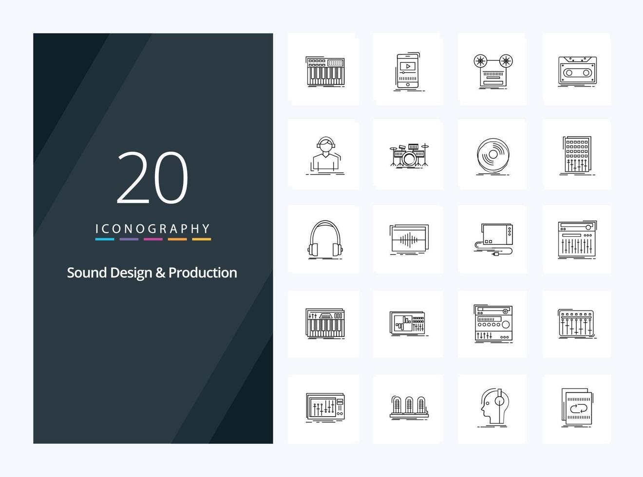 20 ljud design och ljud produktion översikt ikon för presentation vektor