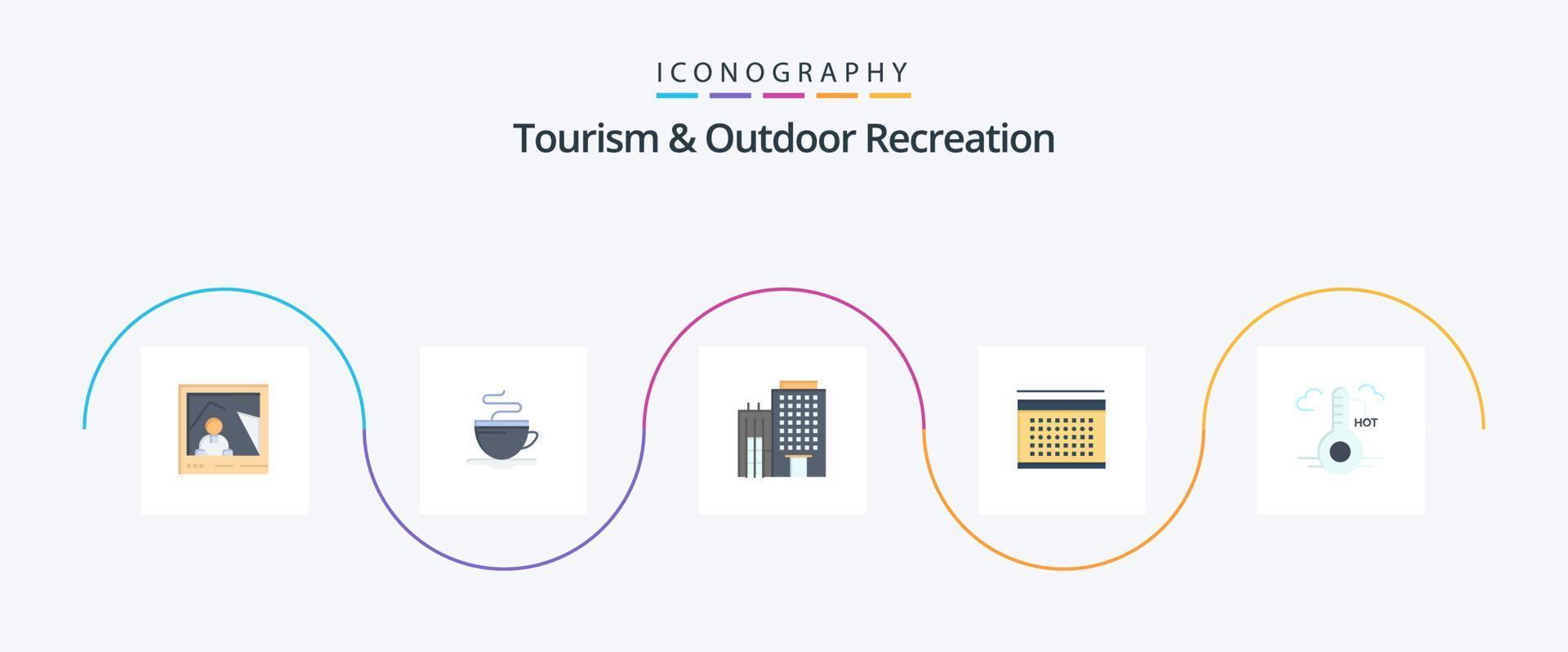 turism och utomhus- rekreation platt 5 ikon packa Inklusive varm. högtider. hotell . datum. kalender vektor