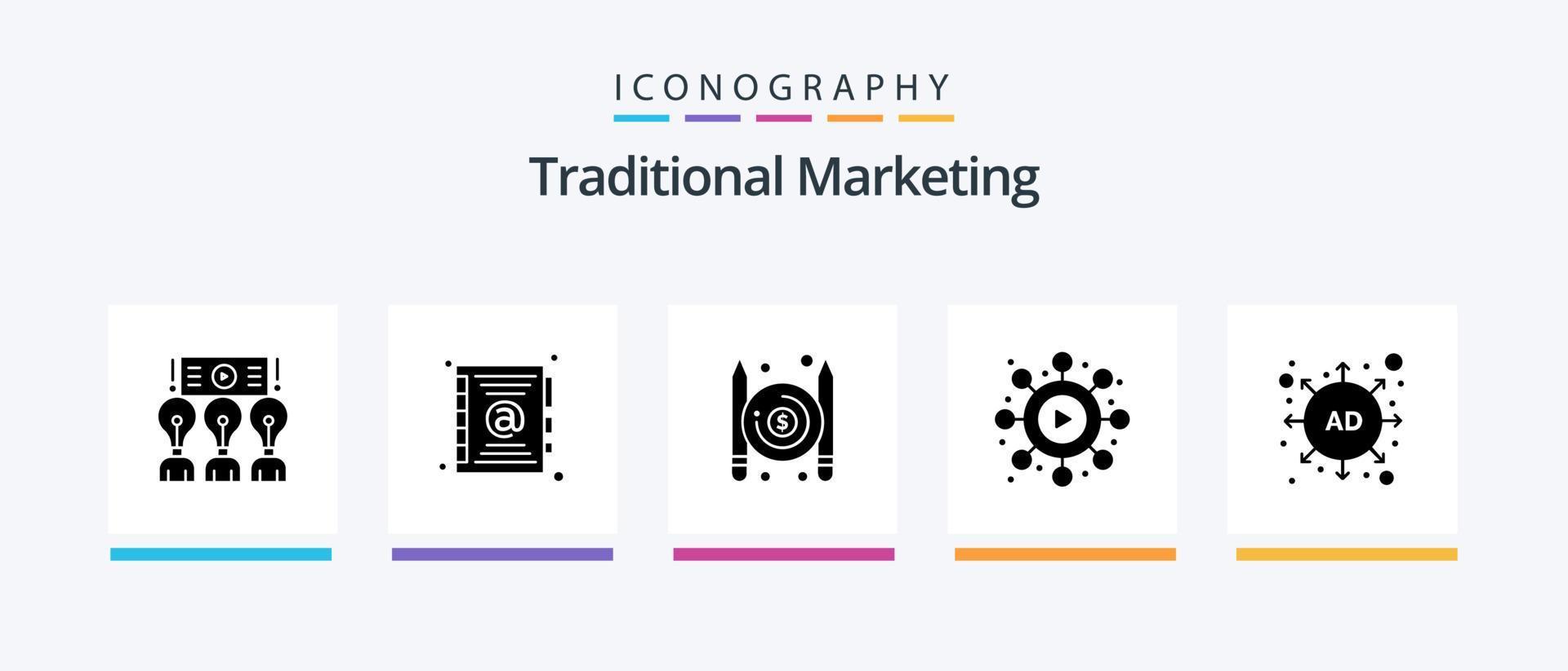 traditionell marknadsföring glyf 5 ikon packa Inklusive strategi. annons. artiklar. viral. nätverk. kreativ ikoner design vektor