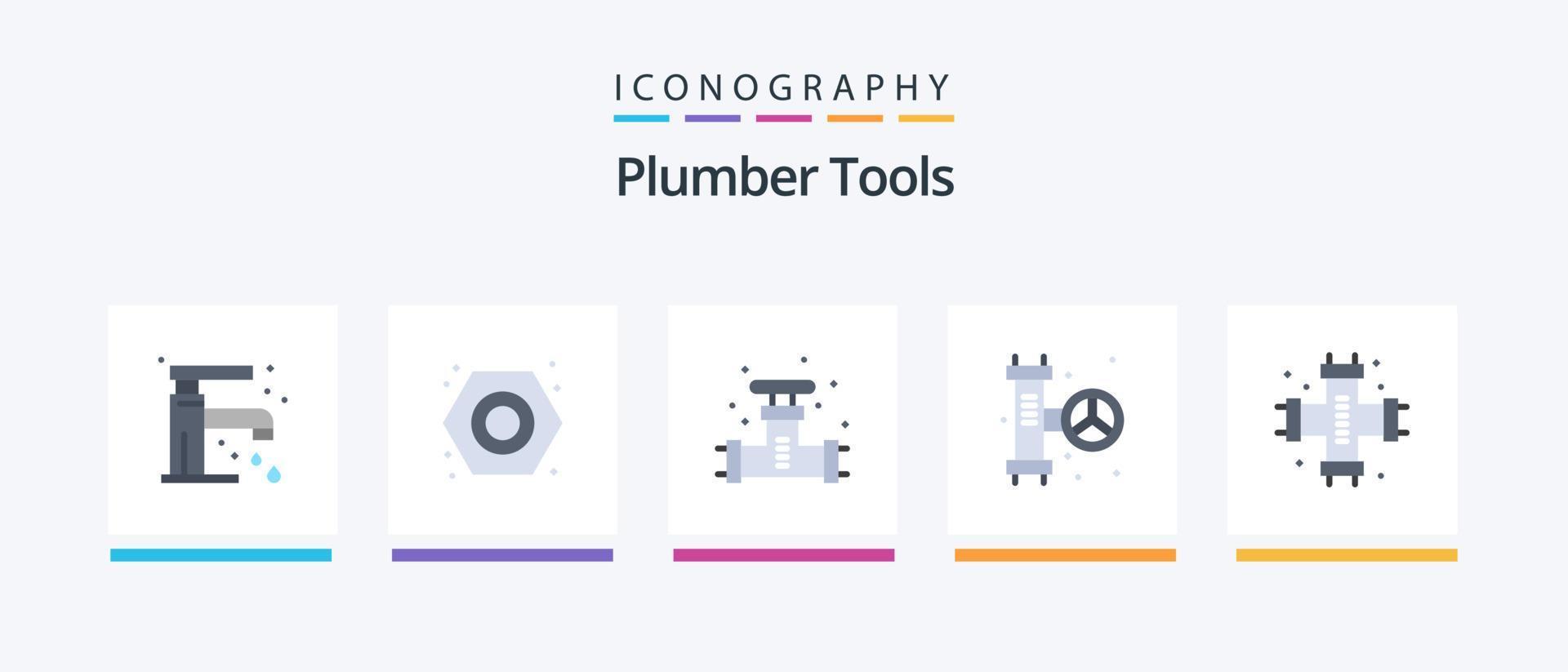 rörmokare platt 5 ikon packa Inklusive mekanisk. VVS. mekanisk. rörmokare. ventil. kreativ ikoner design vektor