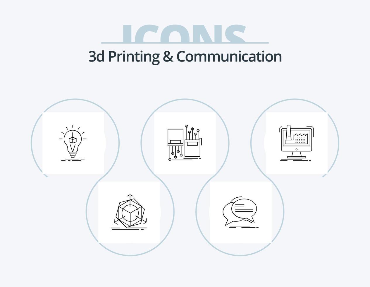 3D-Druck und Kommunikationsleitung Icon Pack 5 Icon Design. schnell. Objekt. Produktion. sich unterhalten. Kommunikation vektor