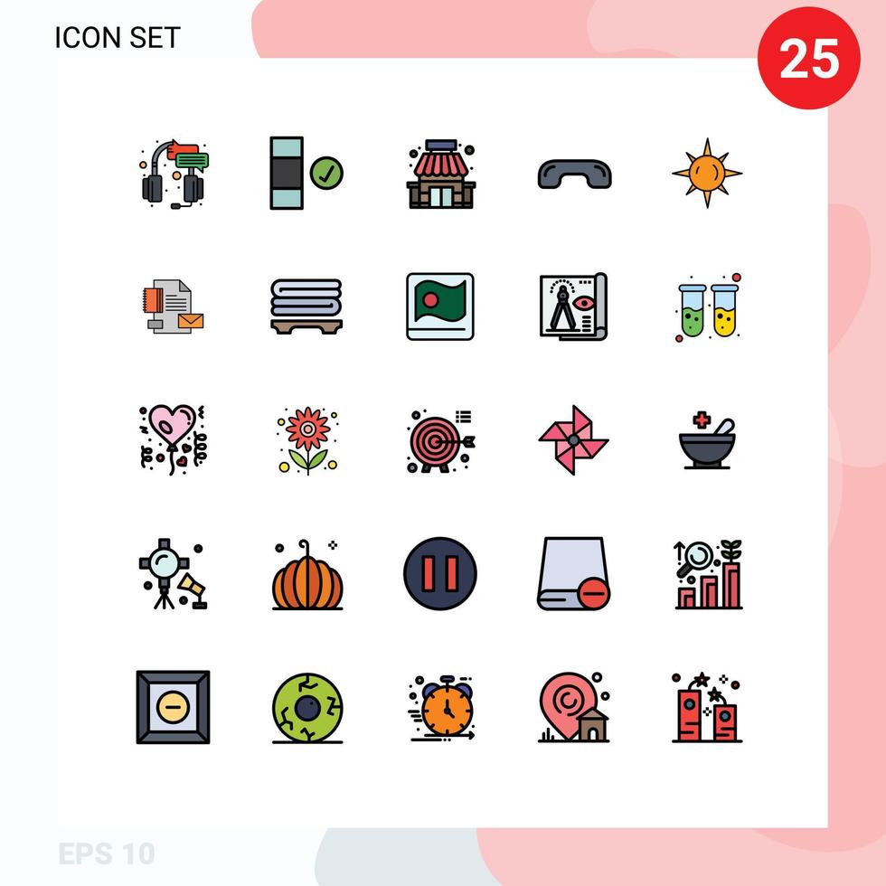 piktogram uppsättning av 25 enkel fylld linje platt färger av Sol telefon byggnad hänga upp nedgång redigerbar vektor design element