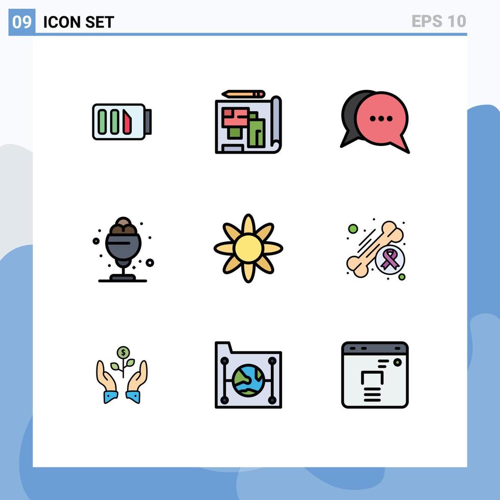 mobil gränssnitt fylld linje platt Färg uppsättning av 9 piktogram av ört behandla chatt sommar öken- redigerbar vektor design element