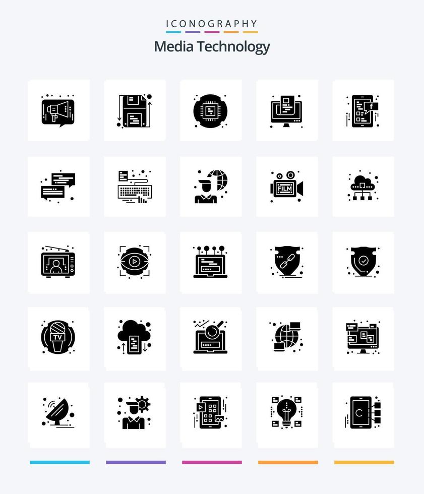 kreativ media teknologi 25 glyf fast svart ikon packa sådan som skärm. papper. form. tidning. hårdvara vektor