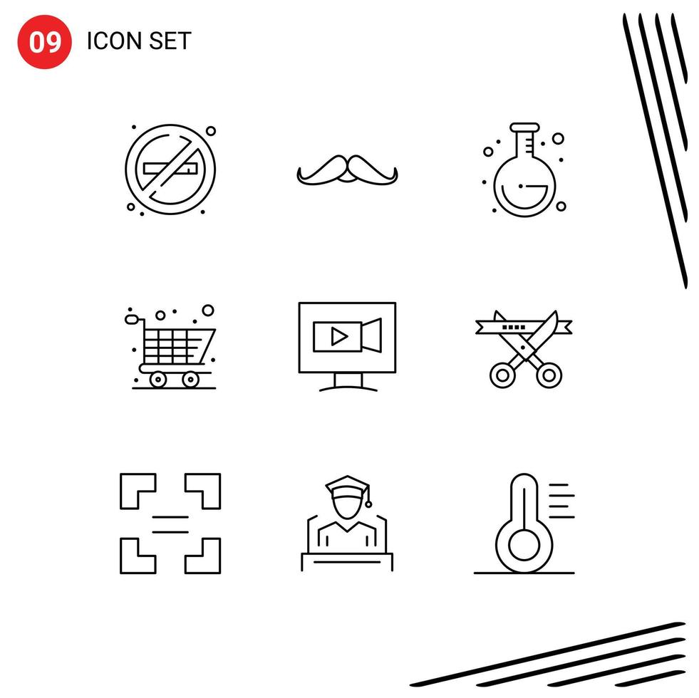 Lager Vektor Icon Pack mit 9 Zeilenzeichen und Symbolen für Videomonitor Männer Einkaufswagen editierbare Vektordesign-Elemente