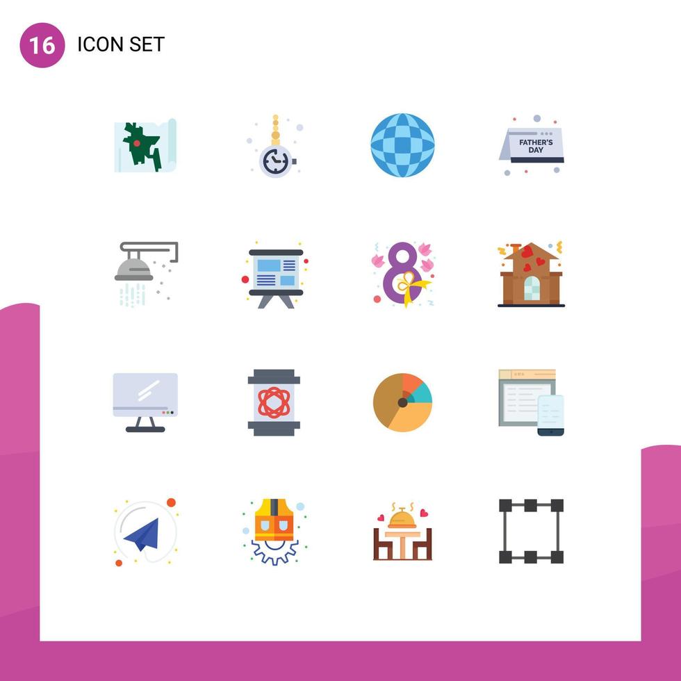 Modernes Set aus 16 flachen Farben und Symbolen wie Klempner-Vatertagsuhr als Zubehör für den Vaterkalender, editierbares Paket kreativer Vektordesign-Elemente vektor