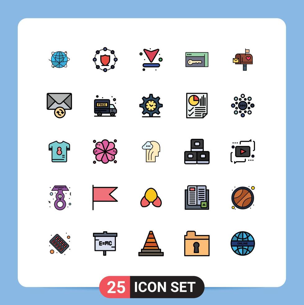 Gefüllte Linie flache Farbpackung mit 25 universellen Symbolen von Schlüsselbrowsern schützt Download-Pfeile editierbare Vektordesign-Elemente vektor