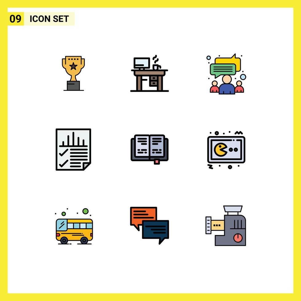 Stock Vector Icon Pack mit 9 Zeilenzeichen und Symbolen für Buchbericht-Chat-Seitendaten editierbare Vektordesign-Elemente