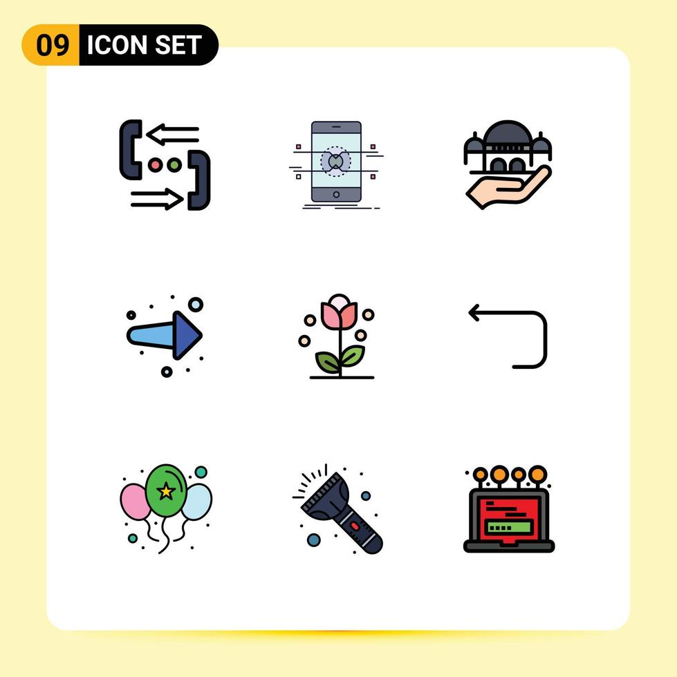 9 universell fylld linje platt Färg tecken symboler av rätt tillbaka telefon pil välgörenhet redigerbar vektor design element