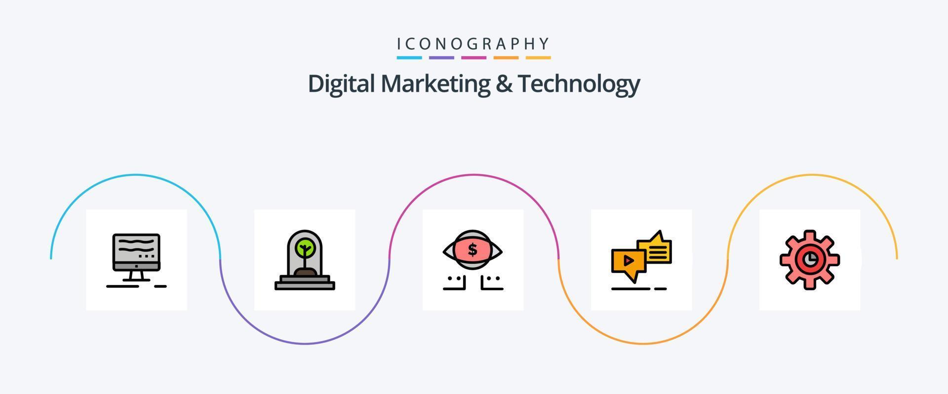 digitale Marketing- und Technologielinie gefülltes flaches 5-Icon-Paket einschließlich Grafik. Nachrichtenübermittlung. Auge. Marketing. Plaudern vektor