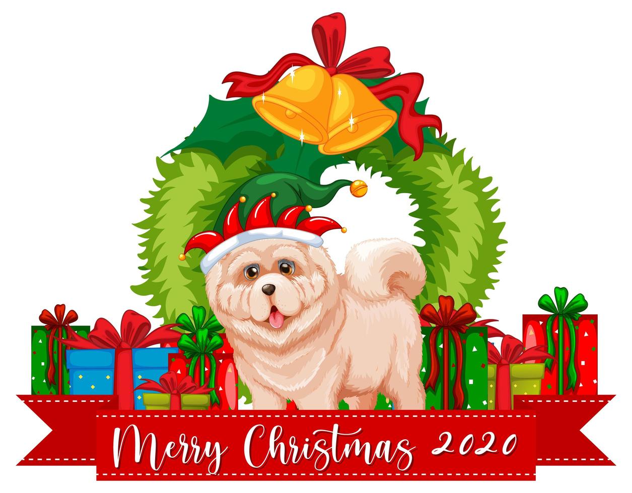 Frohe Weihnachten 2020 Schriftart Banner mit niedlichen Hund und vielen Geschenken auf weißem Hintergrund vektor