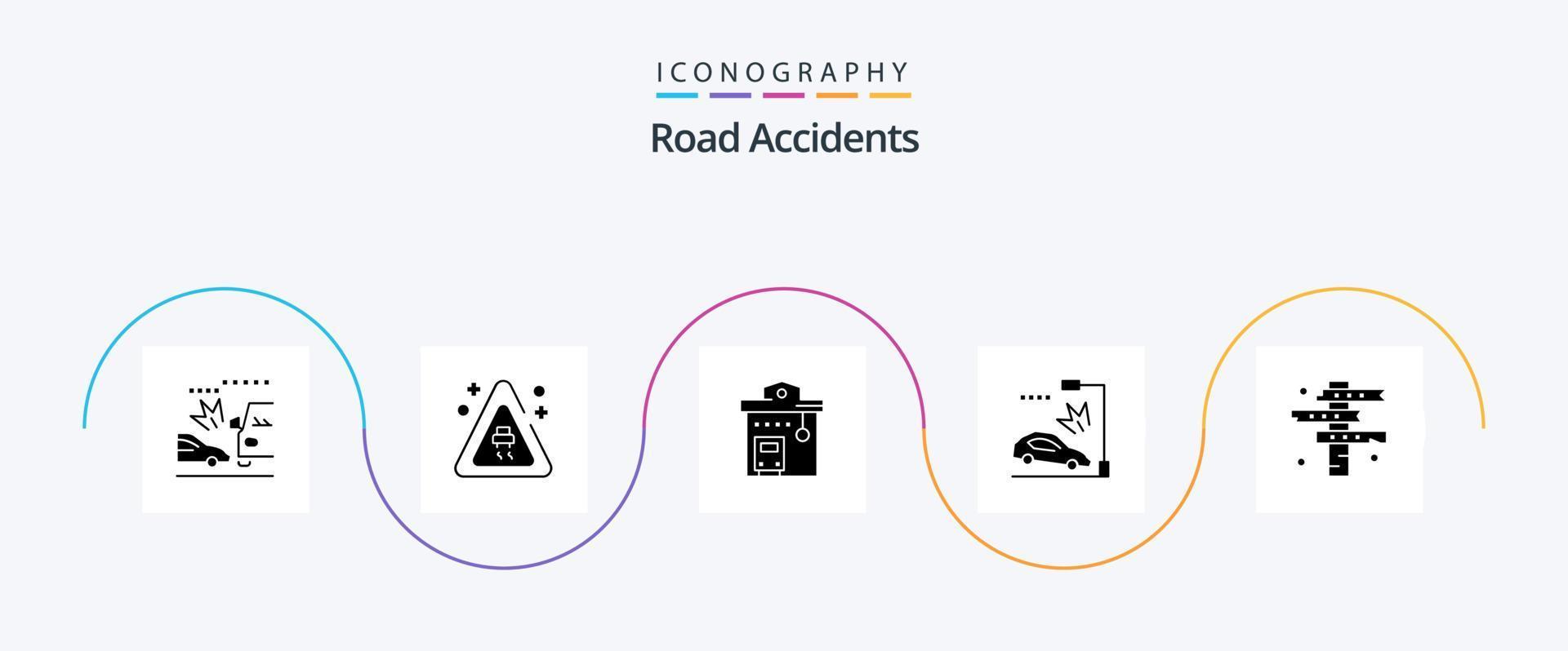 Verkehrsunfälle Glyphe 5 Icon Pack inklusive Kreuzung. Laternenmast. Bushaltestelle. Absturz. Unfall vektor