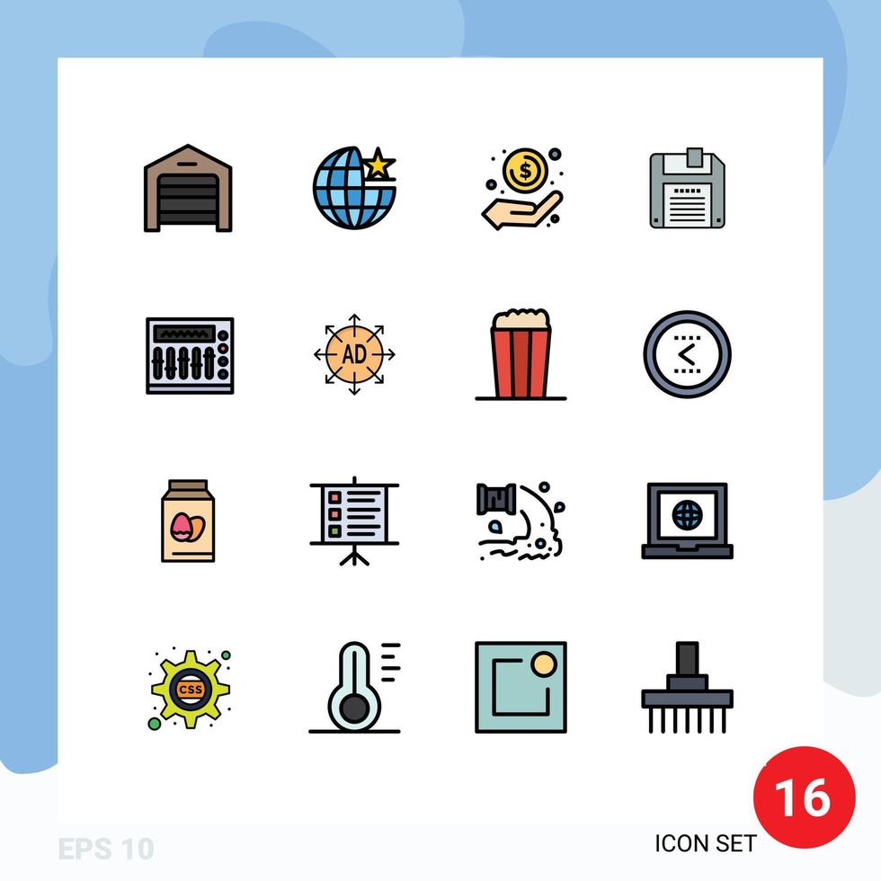 mobil gränssnitt platt Färg fylld linje uppsättning av 16 piktogram av natt spara kontanter diskett vinst redigerbar kreativ vektor design element