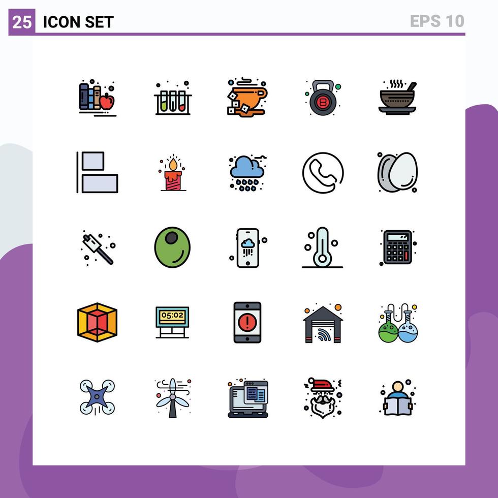 grupp av 25 fylld linje platt färger tecken och symboler för soppa vikt badkar vattenkokare klocka böna redigerbar vektor design element