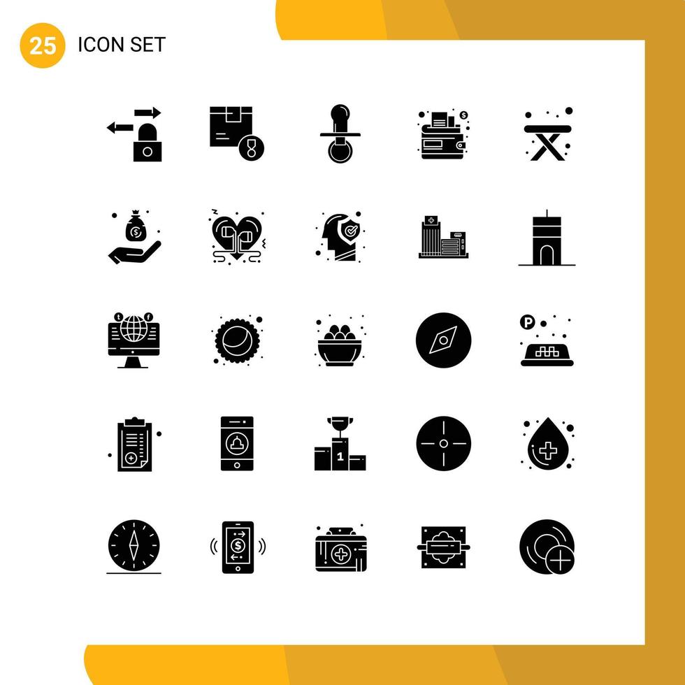 25 användare gränssnitt fast glyf packa av modern tecken och symboler av tabell plånbok nippel pengar barn redigerbar vektor design element