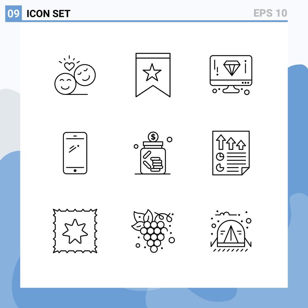 moderner Satz von 9 Umrissen Piktogramm der bearbeitbaren Vektordesign-Elemente der iPhone-Mobilstern-Smartphone-Seite vektor
