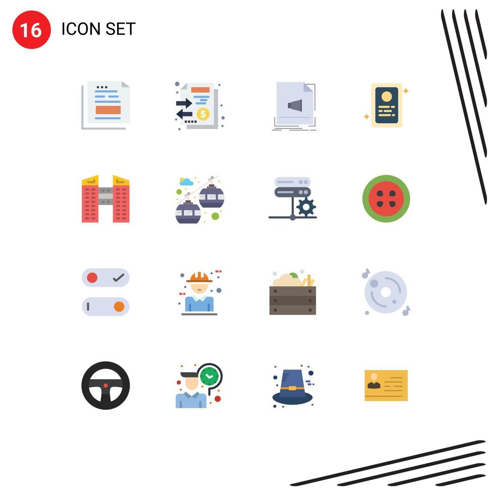 Aktienvektor-Icon-Paket mit 16 Zeilenzeichen und Symbolen für Gebäude, Bewerbung, Geldzuweisung, Musik, editierbares Paket kreativer Vektordesign-Elemente vektor