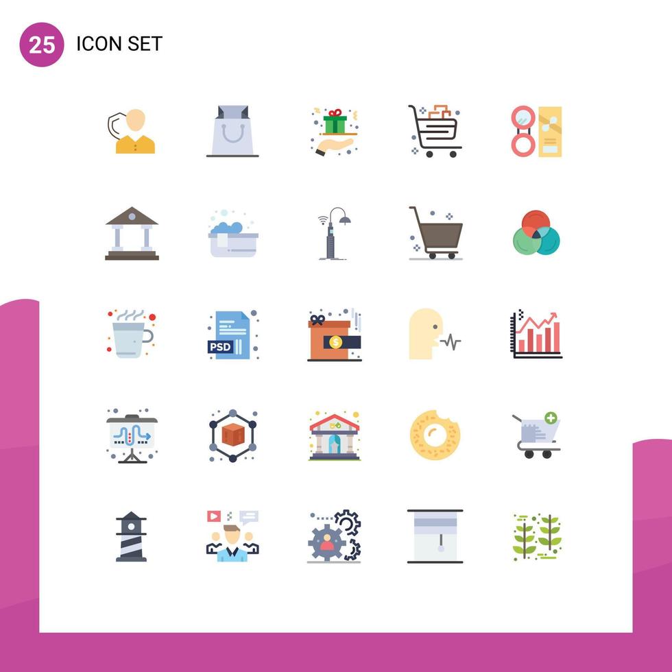 Flache Farbpackung mit 25 universellen Symbolen für Einkaufswagen, Einkaufskorb, Geschenkbox, bearbeitbare Vektordesign-Elemente vektor