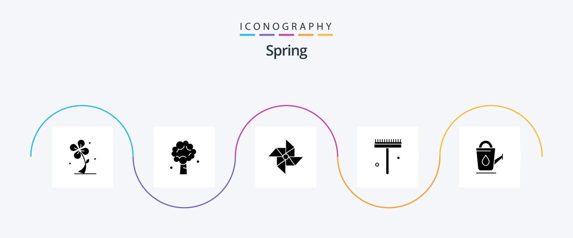 Spring Glyph 5 Icon Pack inklusive Bad. Rechen. Natur. Gärtner. Windmühle vektor
