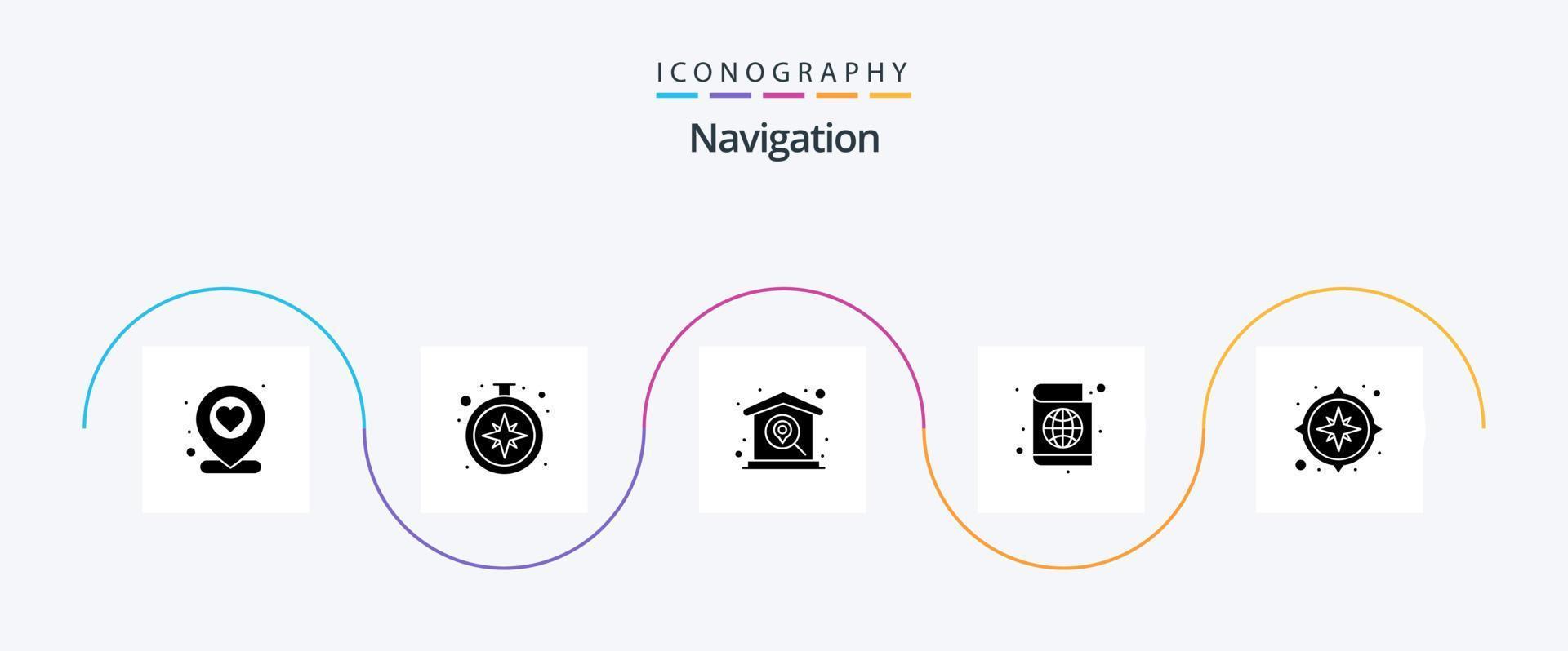 Navigationsglyphe 5 Icon Pack inklusive Kompass. Passbuch. finden. Reisepass. navigieren vektor