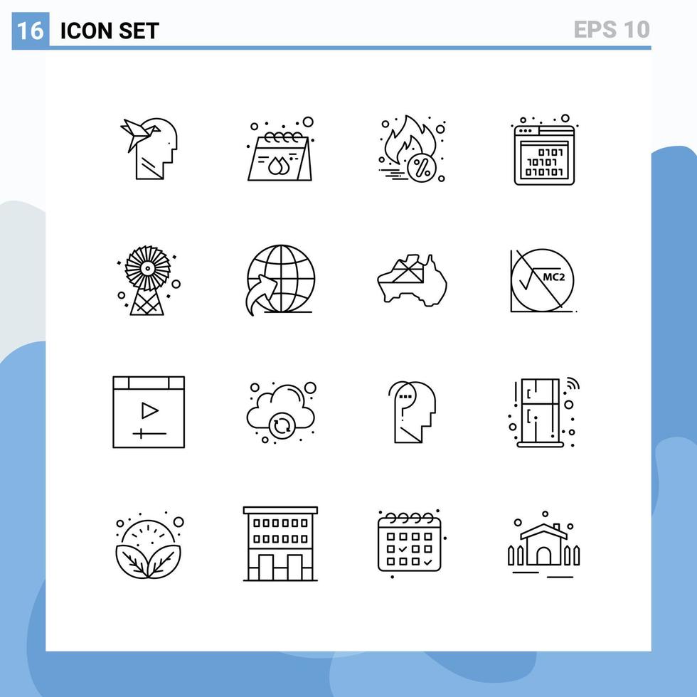grupp av 16 konturer tecken och symboler för ecologic seo produkt gränssnitt binär redigerbar vektor design element
