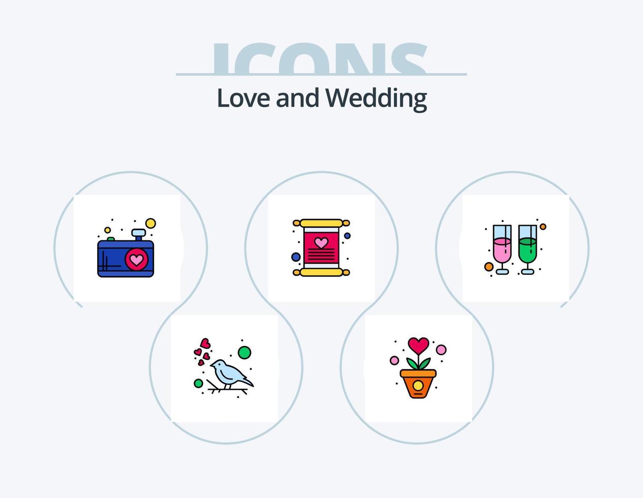 Hochzeit Linie gefüllt Icon Pack 5 Icon Design. Wachstum. Dankbarkeit. Antiquität. Videokamera. Filme machen vektor