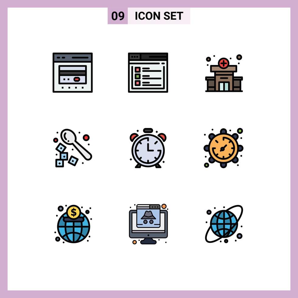 9 universelle Filledline-Flachfarben für Web- und mobile Anwendungen Alarmgetränk Website Kaffee medizinische editierbare Vektordesign-Elemente vektor