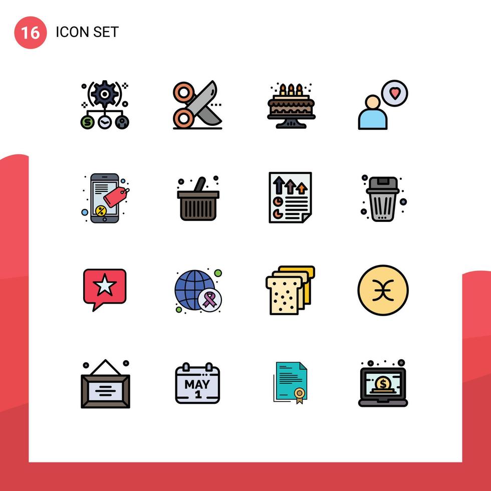 16 thematische flache, farbgefüllte Linien und editierbare Symbole mobiler Herzscheren-Liebeskerzen editierbare kreative Vektordesign-Elemente vektor
