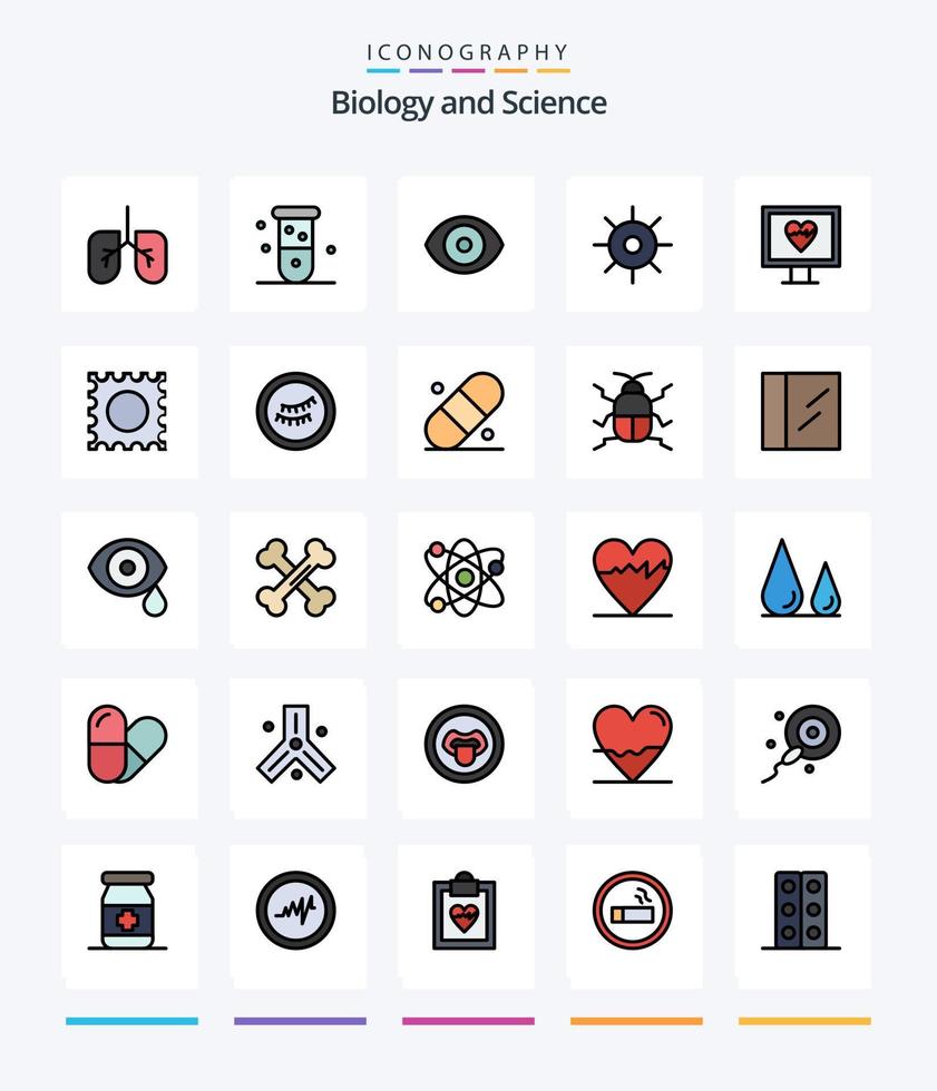 kreativ biologi 25 linje fylld ikon packa sådan som puls. hjärta. öga. Sol. labb vektor