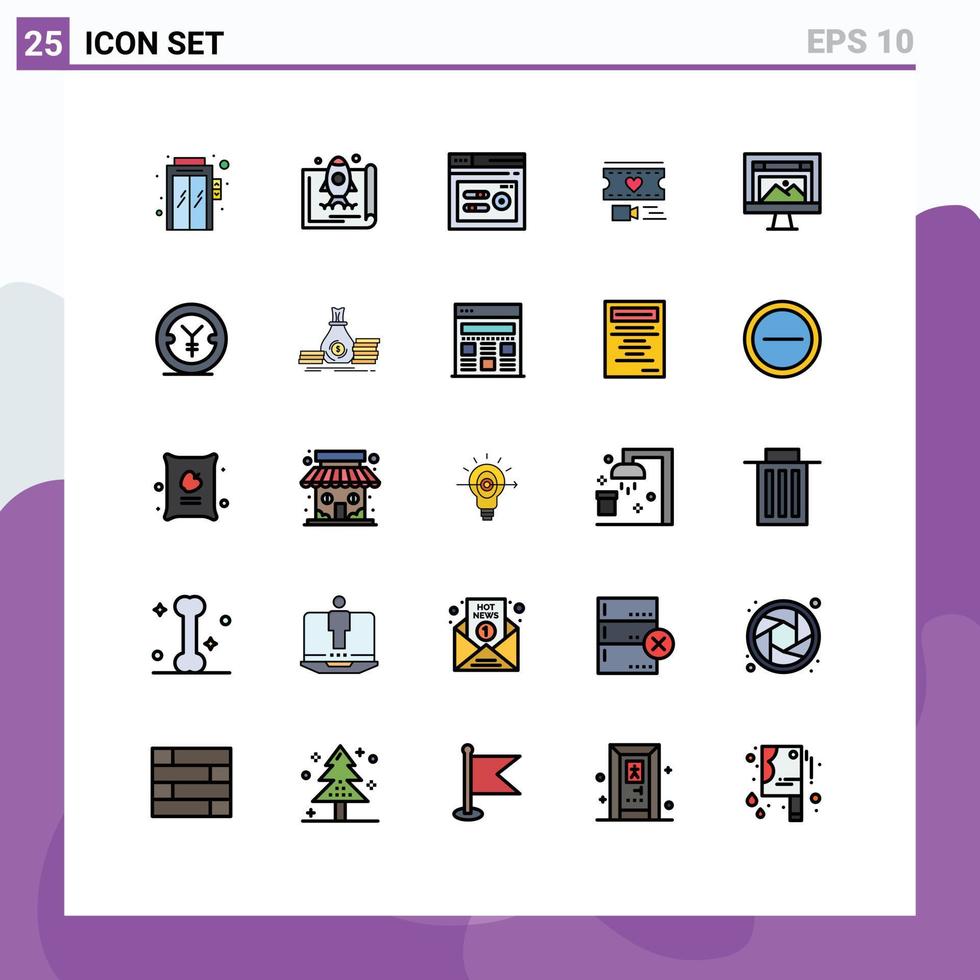 Stock Vector Icon Pack mit 25 Zeilen Zeichen und Symbolen für Computer Hochzeit Schlüsselwort Liebe Filam editierbare Vektordesign-Elemente