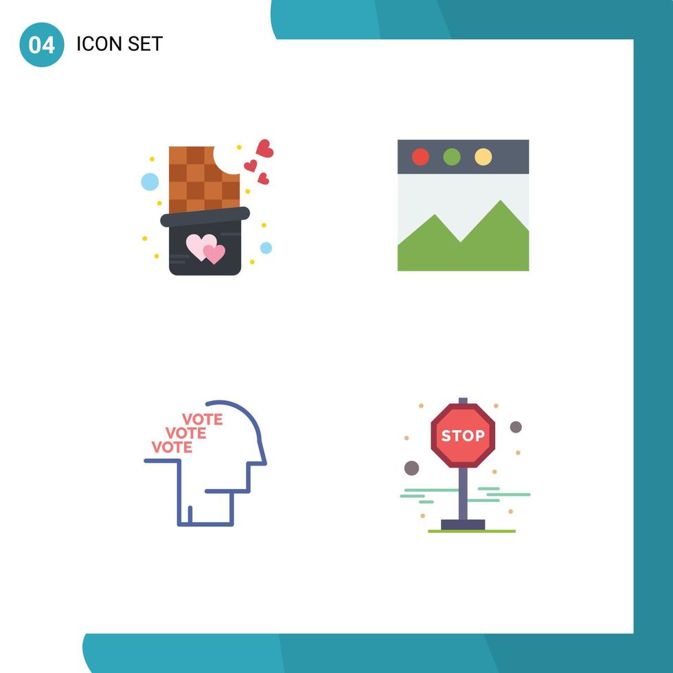 Packung mit 4 modernen flachen Symbolen, Zeichen und Symbolen für Web-Printmedien wie Schokoriegel Biss Referendum Analytik Wahlurne editierbare Vektordesign-Elemente vektor