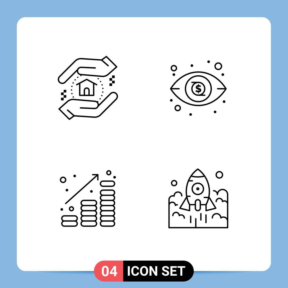 Stock Vector Icon Pack mit 4 Zeilenzeichen und Symbolen für die Bewertung von Geld-Dollar-Münzen starten editierbare Vektordesign-Elemente