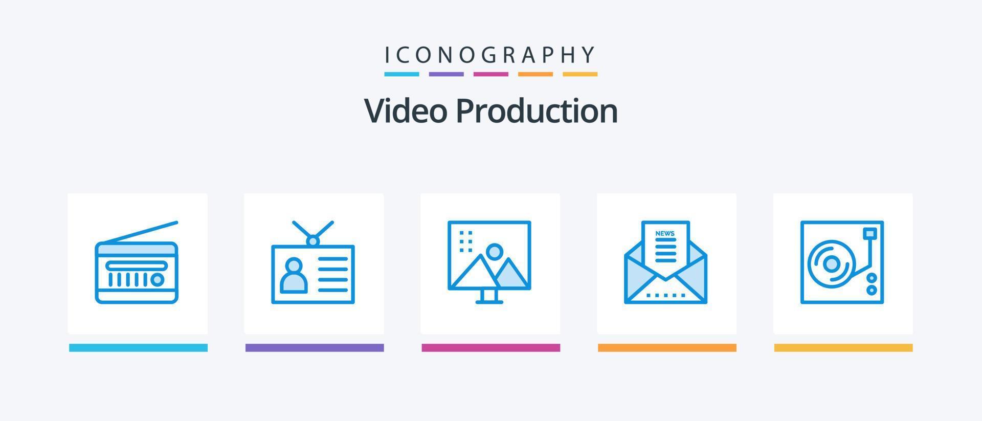 video produktion blå 5 ikon packa Inklusive meddelande kuvert. e-post. retro tv. Foto retuschering. ändra fotografier. kreativ ikoner design vektor