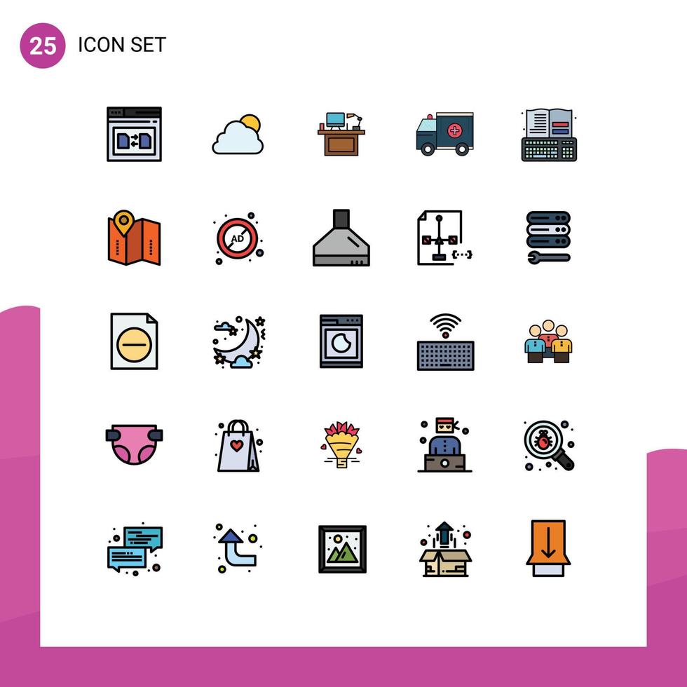 moderner Satz von 25 gefüllten Linien, flachen Farben und Symbolen wie LKW-Tisch wolkiger Ort Monitor editierbare Vektordesign-Elemente vektor