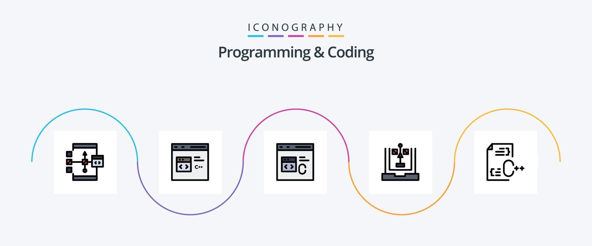 programmering och kodning linje fylld platt 5 ikon packa Inklusive utveckla. c. utveckla. planera. utveckling vektor