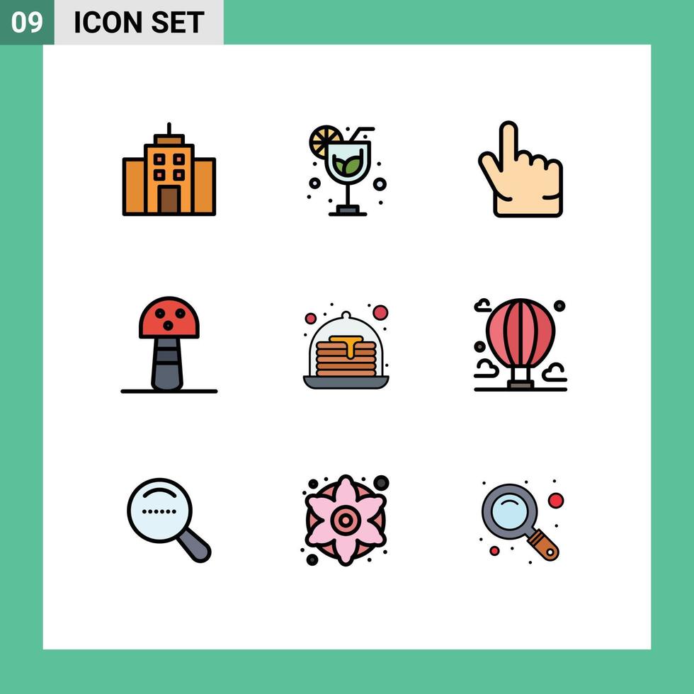 universelle Symbolsymbole Gruppe von 9 modernen Fillline-Flachfarben von Ballonsüßigkeiten Zeigefinger Erdbeergemüse editierbare Vektordesign-Elemente vektor