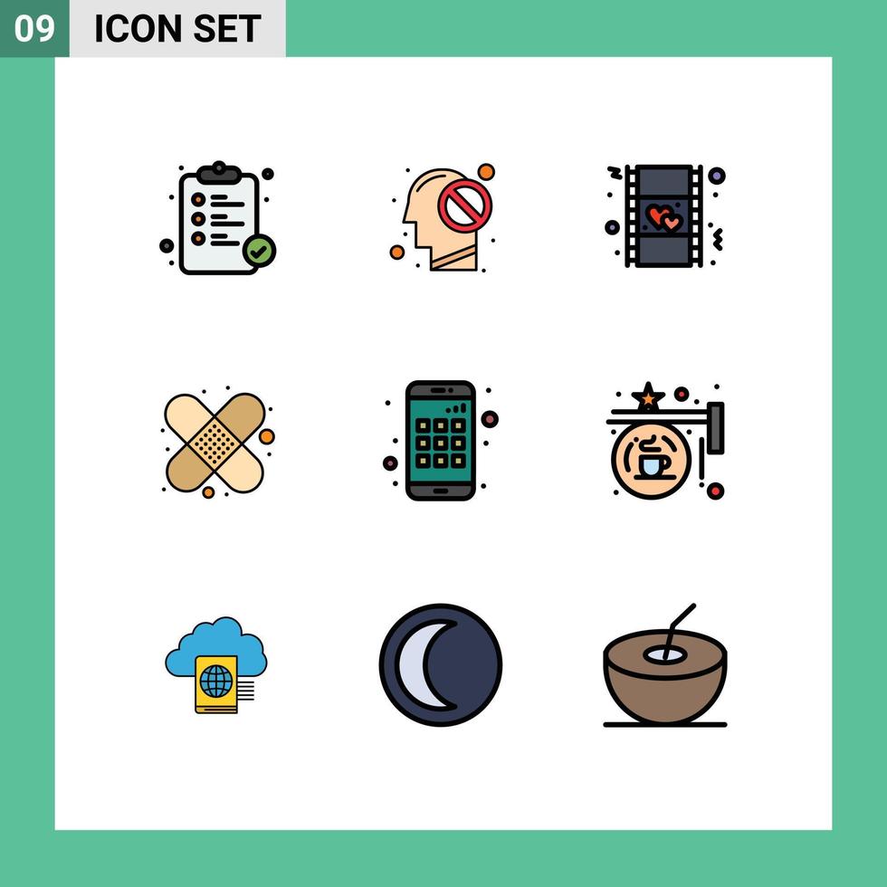 9 fylld linje platt Färg begrepp för webbplatser mobil och appar smartphone app filma först hjälpa band hjälpa redigerbar vektor design element