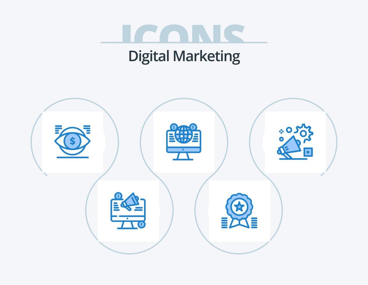 digitales Marketing blaues Icon Pack 5 Icon Design. Rechner. Webseite. Medaille. Vision. Geld vektor