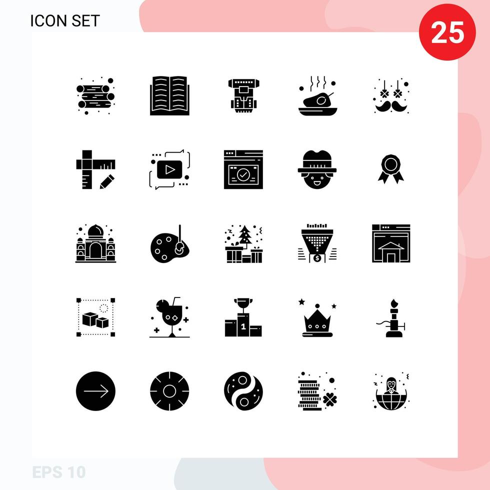 grupp av 25 modern fast glyfer uppsättning för ansiktsbehandling hår måltid kammare mat kyckling redigerbar vektor design element