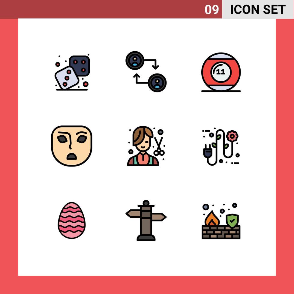 9 universell fylld linje platt färger uppsättning för webb och mobil tillämpningar mode barberare Utrustning ansikte arg redigerbar vektor design element