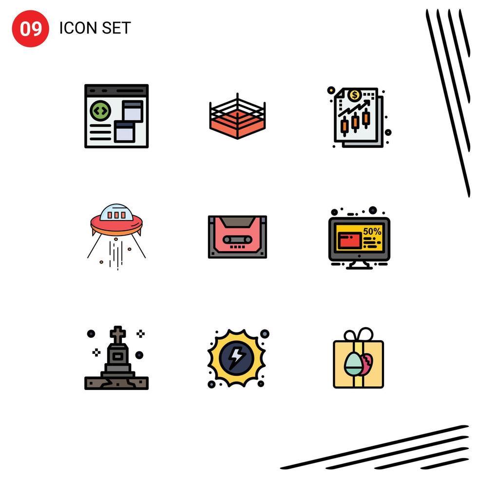 Stock Vector Icon Pack mit 9 Zeilen Zeichen und Symbolen für analoge Raketenanalyse Schiff Raumschiff editierbare Vektordesign-Elemente