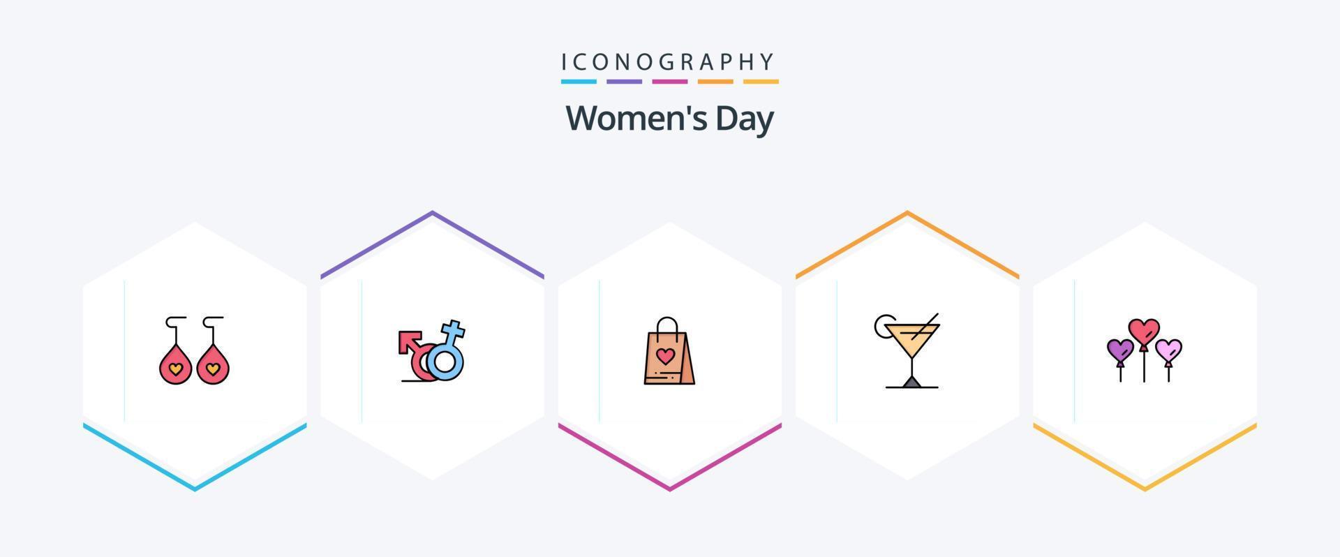 Womens Day 25 Filledline Icon Pack inklusive . Ballon. Liebe. Herz. Saft vektor