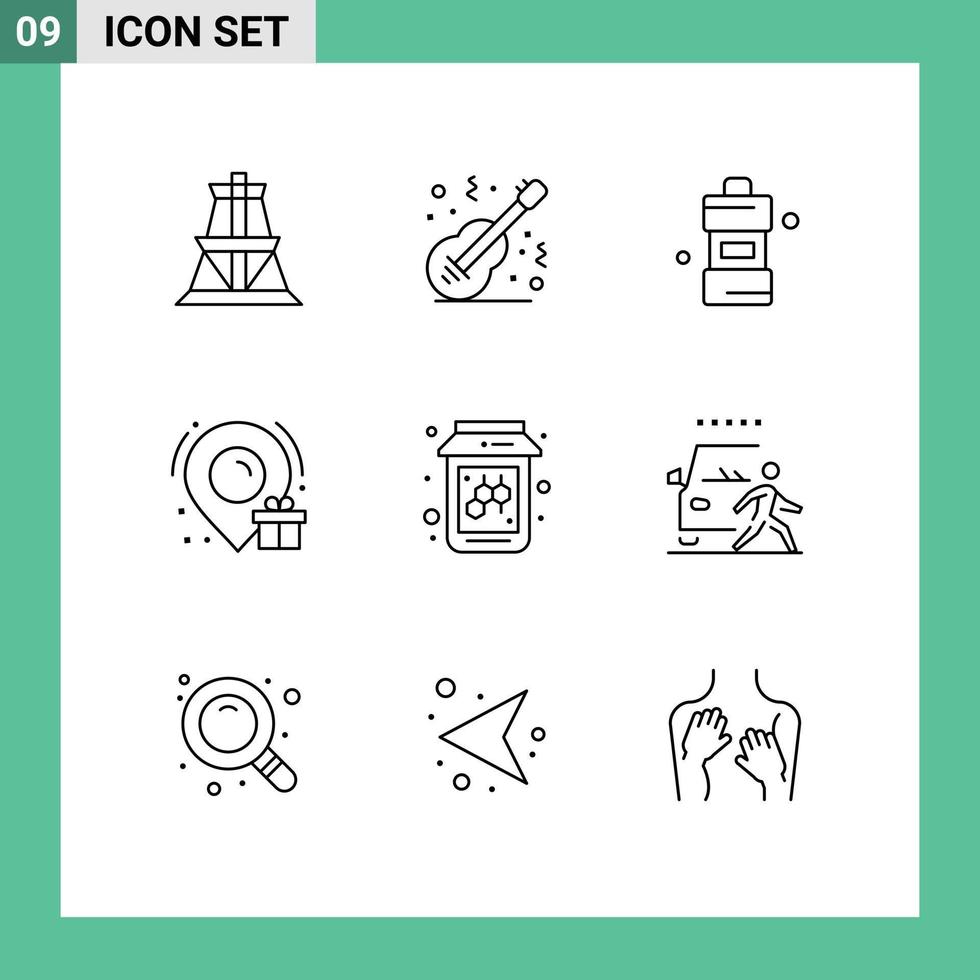 9 thematische Vektorumrisse und bearbeitbare Symbole von Fruchtstandort Spieluhr Waschmittel bearbeitbare Vektordesign-Elemente vektor