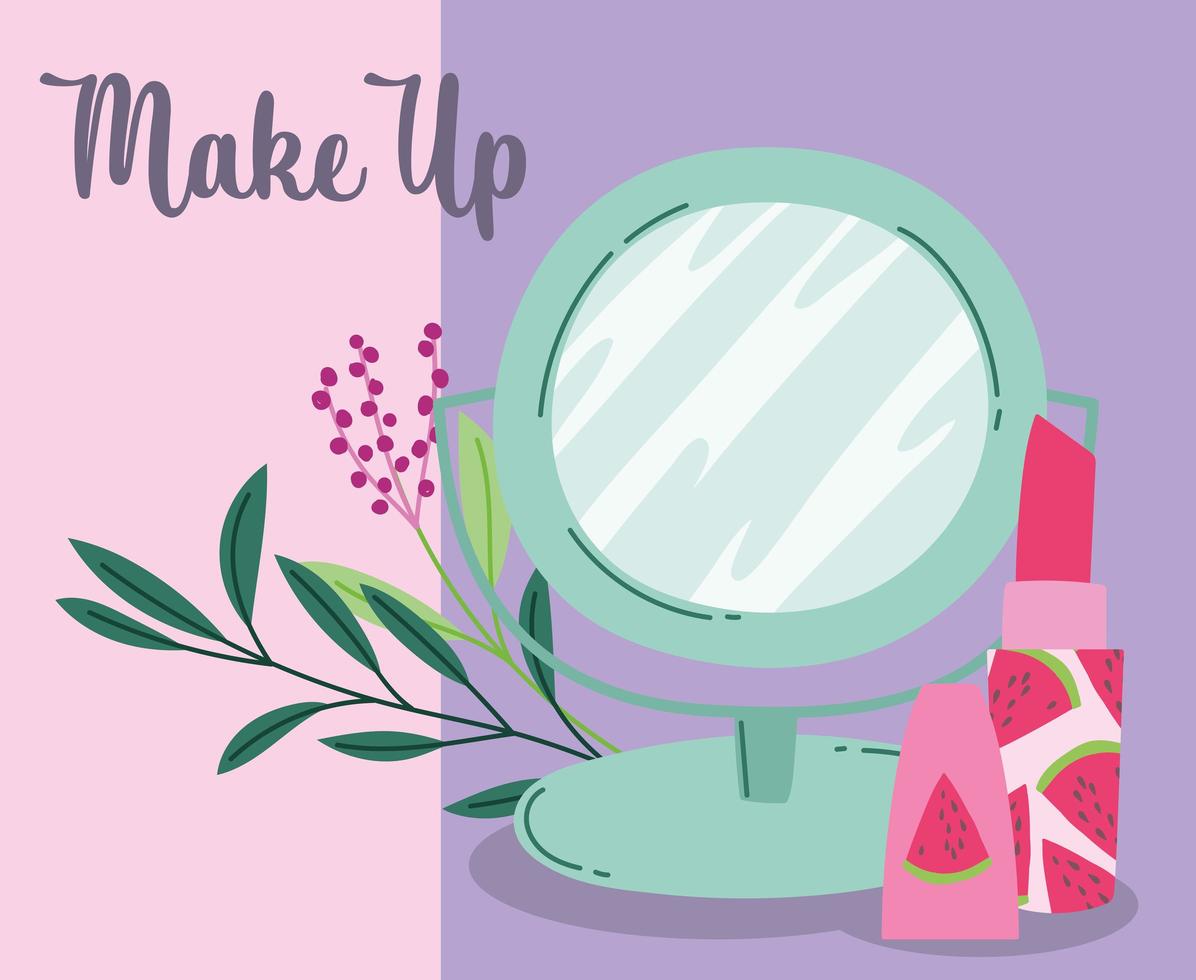 Make-up Kosmetik Produkt Mode Schönheitsspiegel und Lippenstift Cartoon vektor