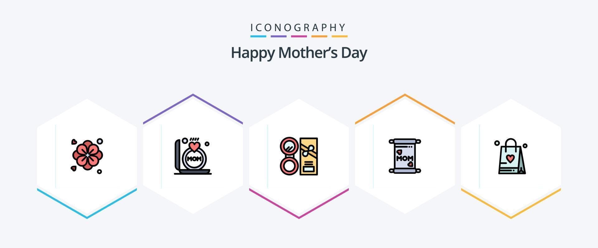 Happy Mothers Day 25 Filledline Icon Pack inklusive Liebe. Einkaufstasche. Schönheit. Mutter. Karte vektor