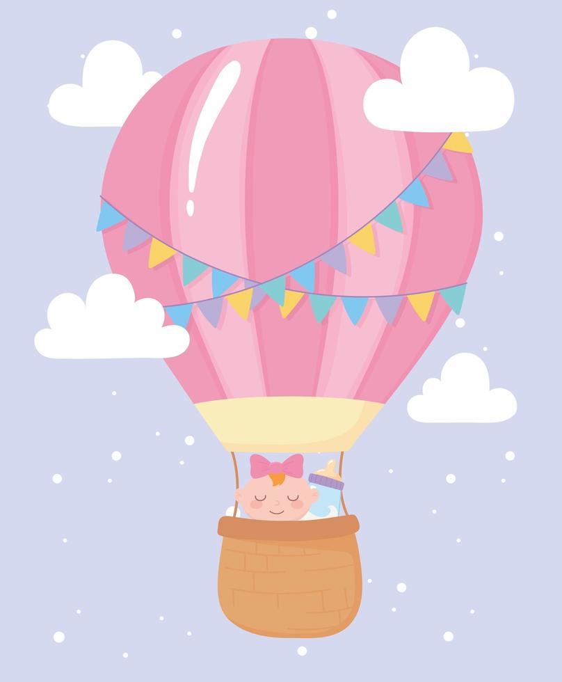 Babyparty, niedliches Baby im Luftballon mit Flaschenmilch, Feier willkommen Neugeborenes vektor
